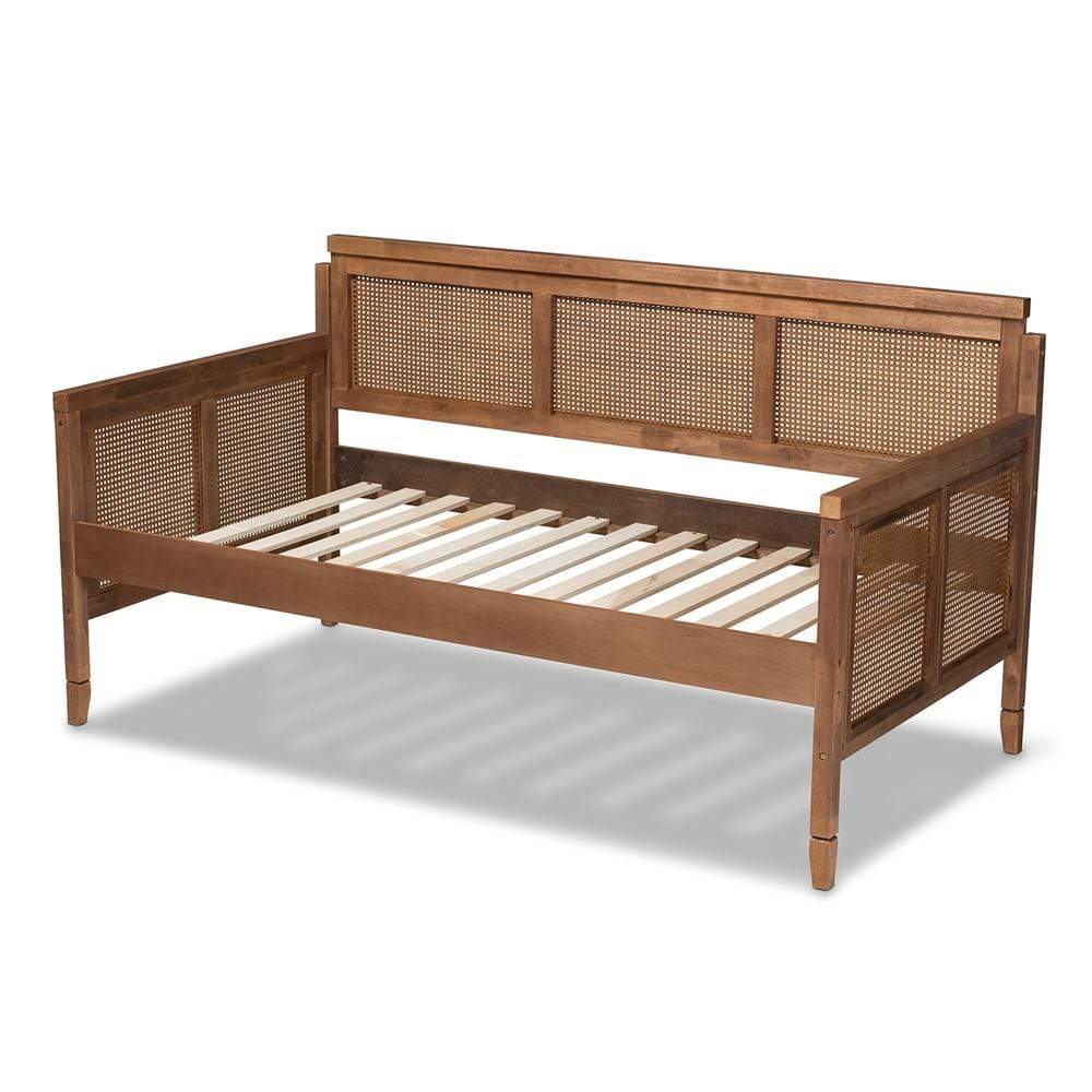 Baxton Studios Daybed Baxton Studio Toveli Vintage French Inspired Ash Walnut Finished Wood and Synthetic Rattan Daybed
