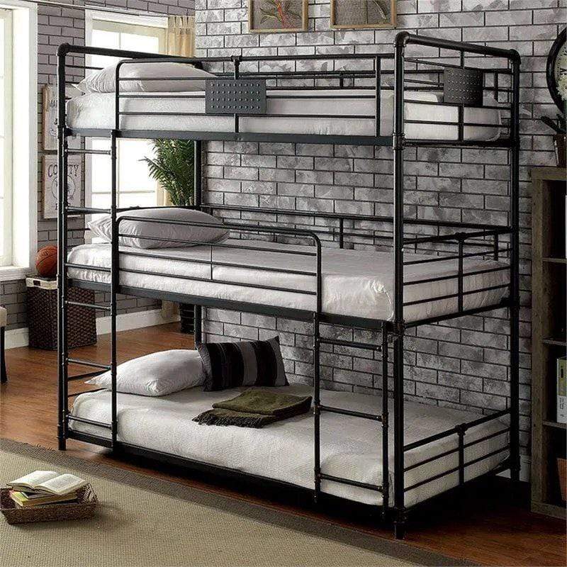 Furniture of America Bunk Bed Dillon Industrial Metal Twin Triple Bunk Bed in Sand Black