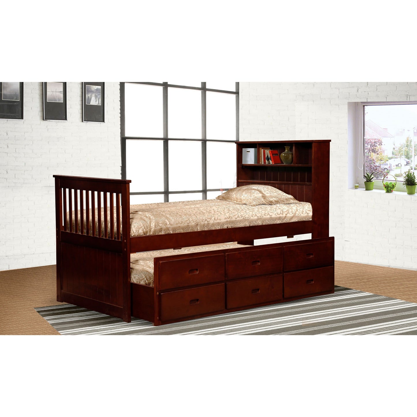 MYCO Trundle Bed Avalon Twin Captain's Bed with Twin Trundle & Storage in Cherry Finish
