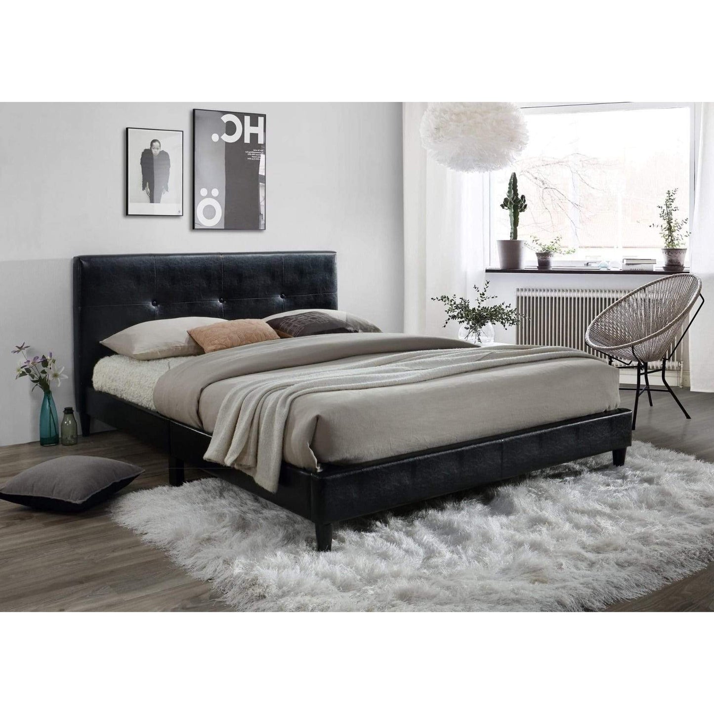 MYCO Bed Jester Tufted Black Full Platform Bed in Faux Leather