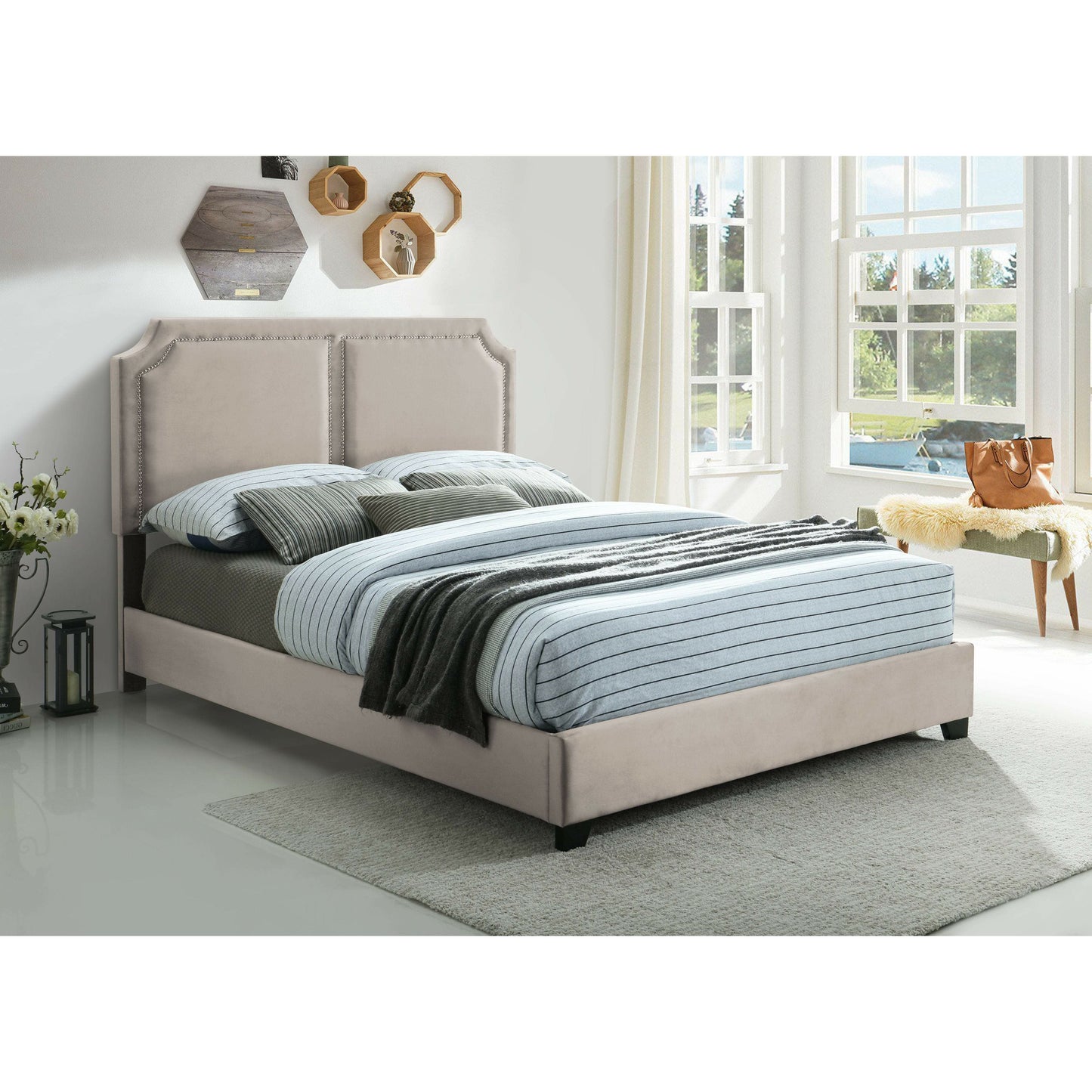 MYCO Bed Champagne Kimberly Nailhead Queen Bed, Gray