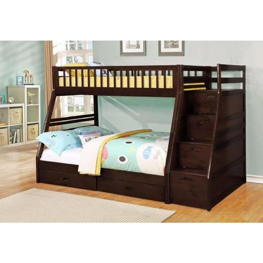 MYCO Bed Merlin Twin Over Full Staircase Storage Espresso Bunkbed